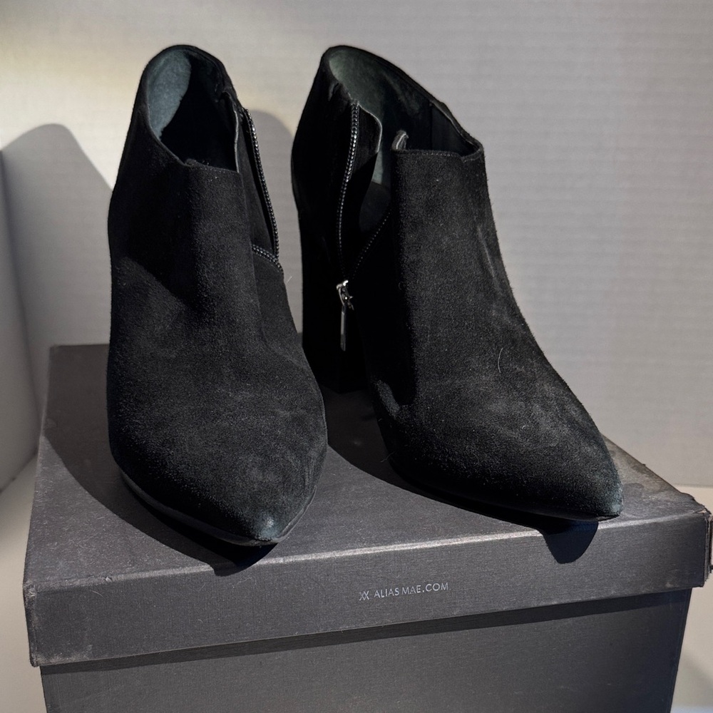Alias Mae Black Suede Pointed Ankle Booties with Side Zip